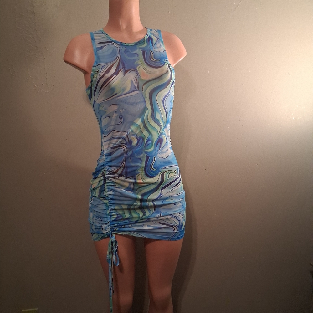 SHEIN Marble Print Drawstring Ruched Mesh Bodycon Dress Size MP